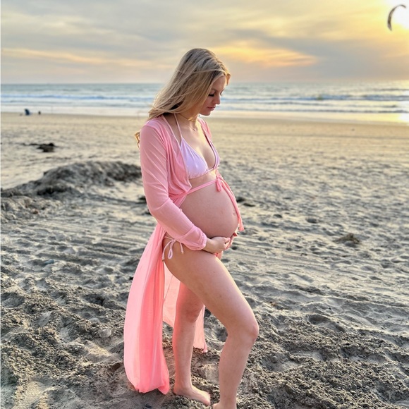 Candy Pink sheer long duster Hollywood robe lingerie maternity shoot baby doll
